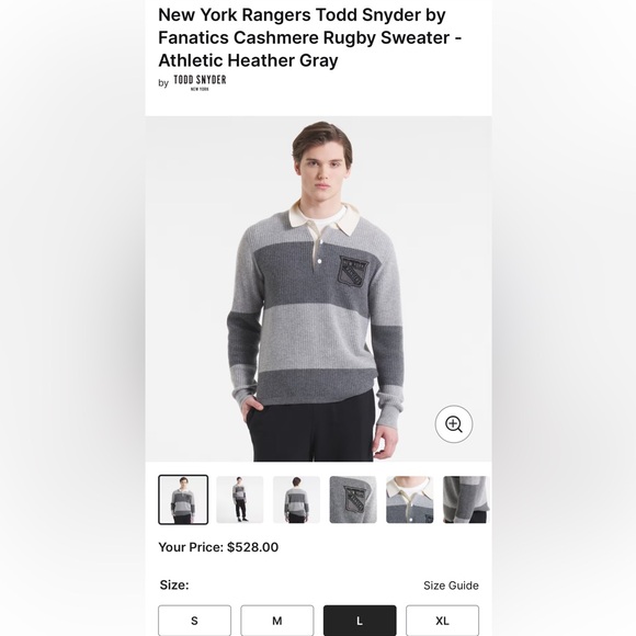 Todd Snyder x Fanatics Collab New York Rangers Gray Cashmere